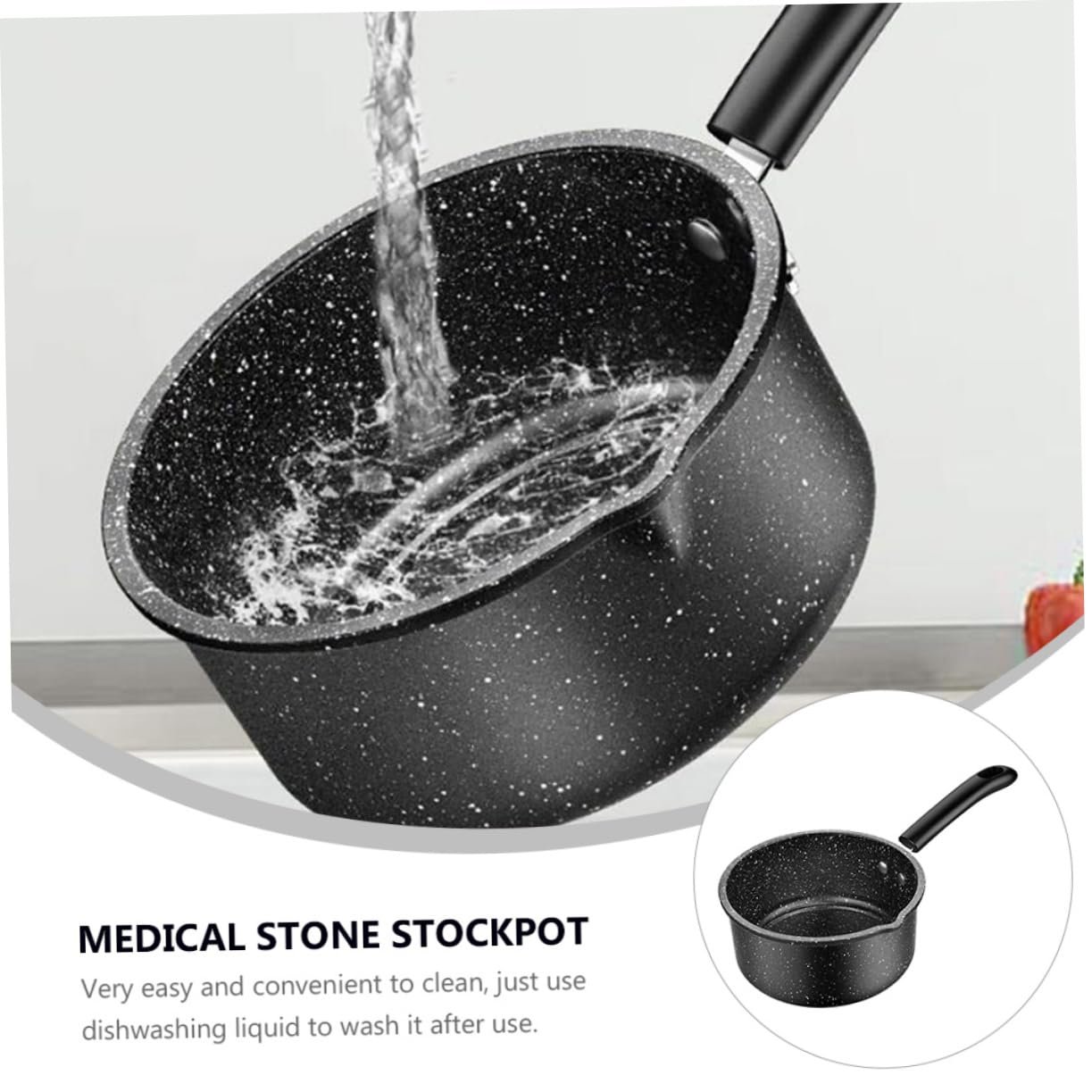 Ковш VALICLUD каменное покрытие медицинский камень для супа и лапши с ручкой черный, фото №6
