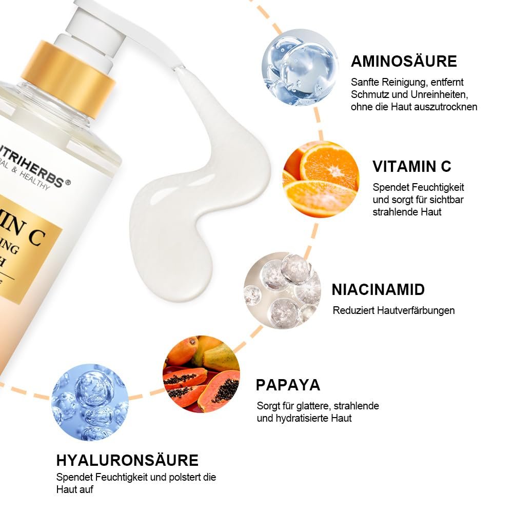 Гель для душу Neutriherbs Brightening Body Wash Vitamin C Papain Niacinamide Citrus Scent 16.9 рідк. унц., фото №5