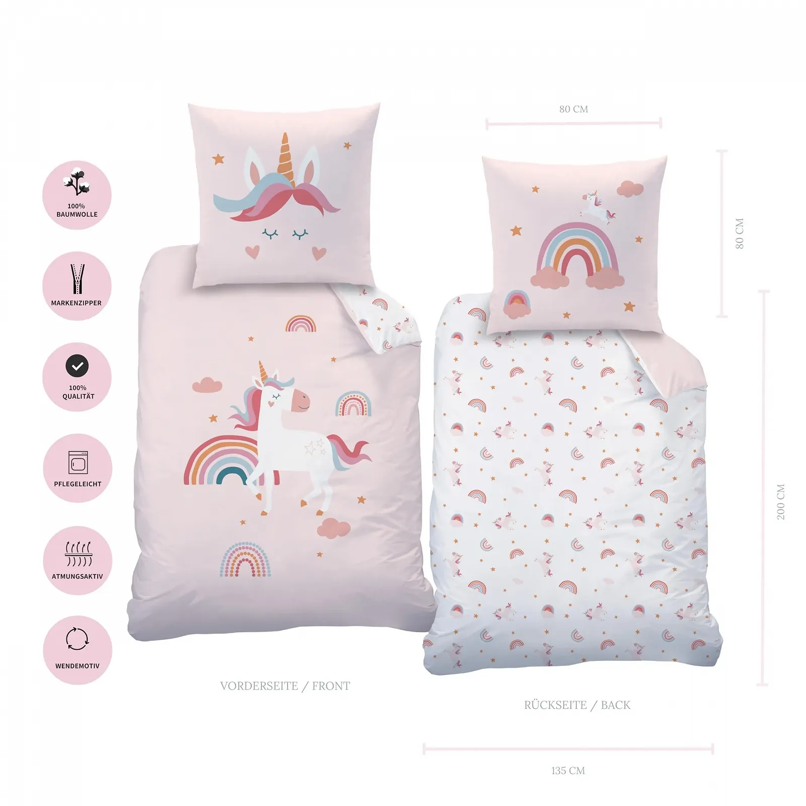 Детское постельное белье MTOnlinehandel Unicorn 135 x 200 см, Радужный Единорог Эмма, двусторонний мотив, наволочка 80 x 80 см + покрывало 135 x 200 см, 100% хлопок, фото №3