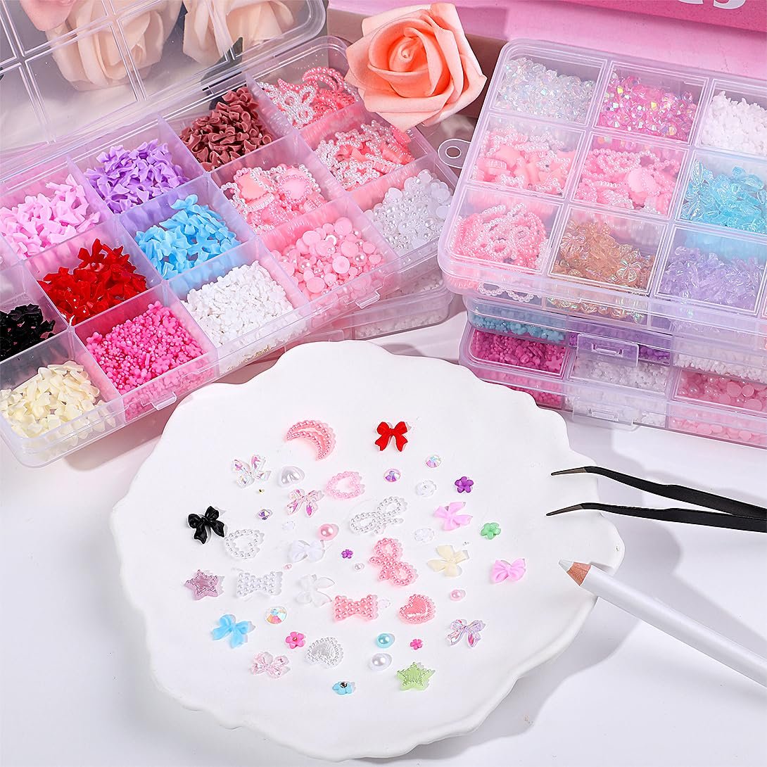 Набір для 3D прикрас для нігтів, 15 відділень, рожево-білі смоляні у вигляді серця, краватки-метелика, квітки, перлин своїми руками, фото №5