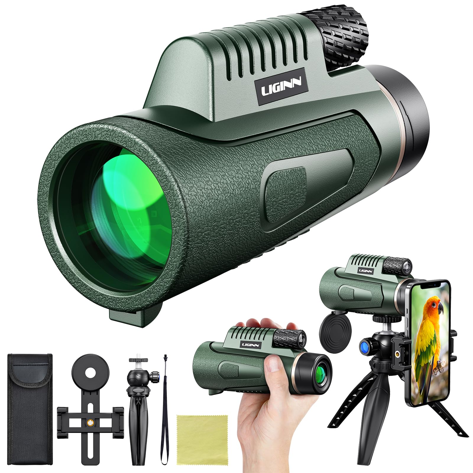 Монокуляр Ant Warrior 12x50 для взрослых с держателем для смартфона, штативом, водонепроницаемый, для наблюдения за птицами, охоты, концертов (мягкий зелёный), фото №1