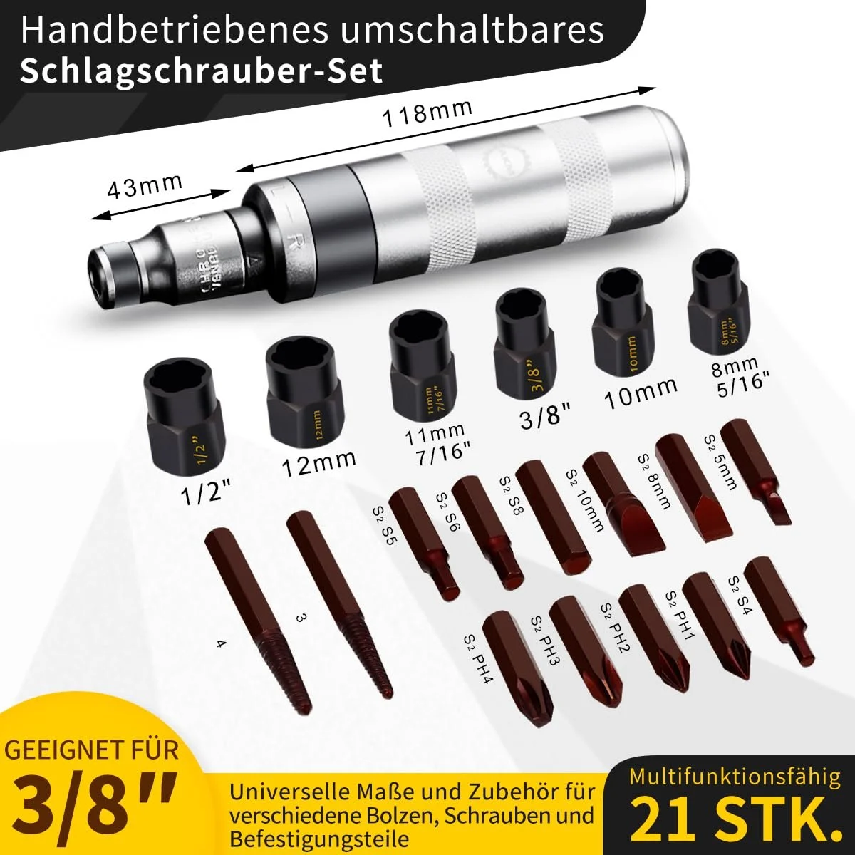 Набір ударних викруток з екстракторами AKM 3/8" 21 одиниця S2 сталь, фото №2