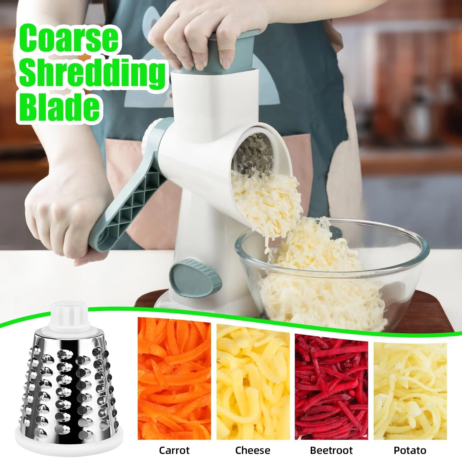 Ручна овочерізка роторна з 3 змінними лезами для нарізки скибочками, кубиками та жульєном, ідеально підходить для овочів, фруктів, фото №3 Ручна овочерізка роторна з 3 змінними лезами для нарізки скибочками, кубиками та жульєном, ідеально підходить для овочів, фруктів, фото №3