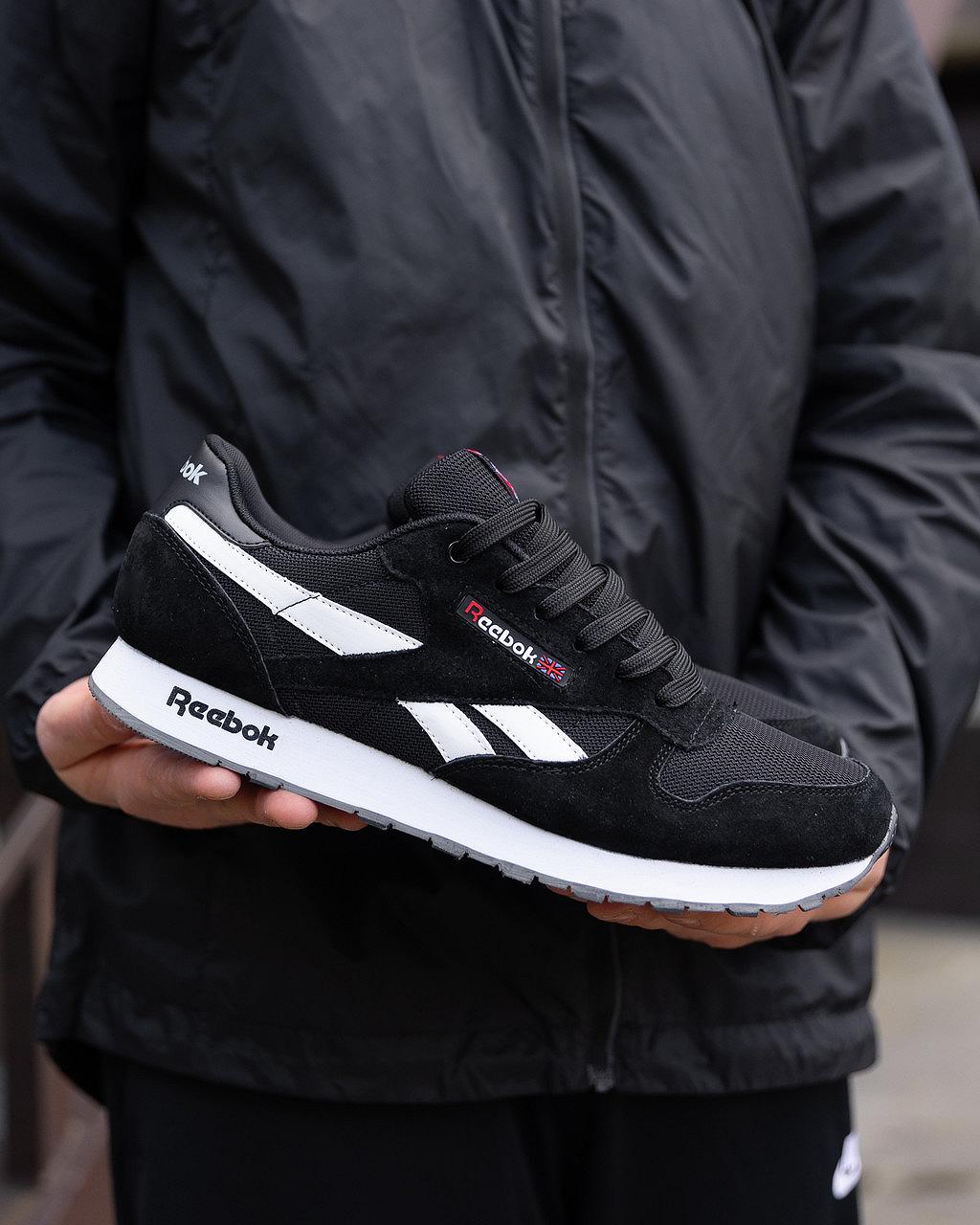 Мужские кроссовки Reebok Classic Leather бело черные демисезонные замшевые кроссы рибок для спорта, фото №7