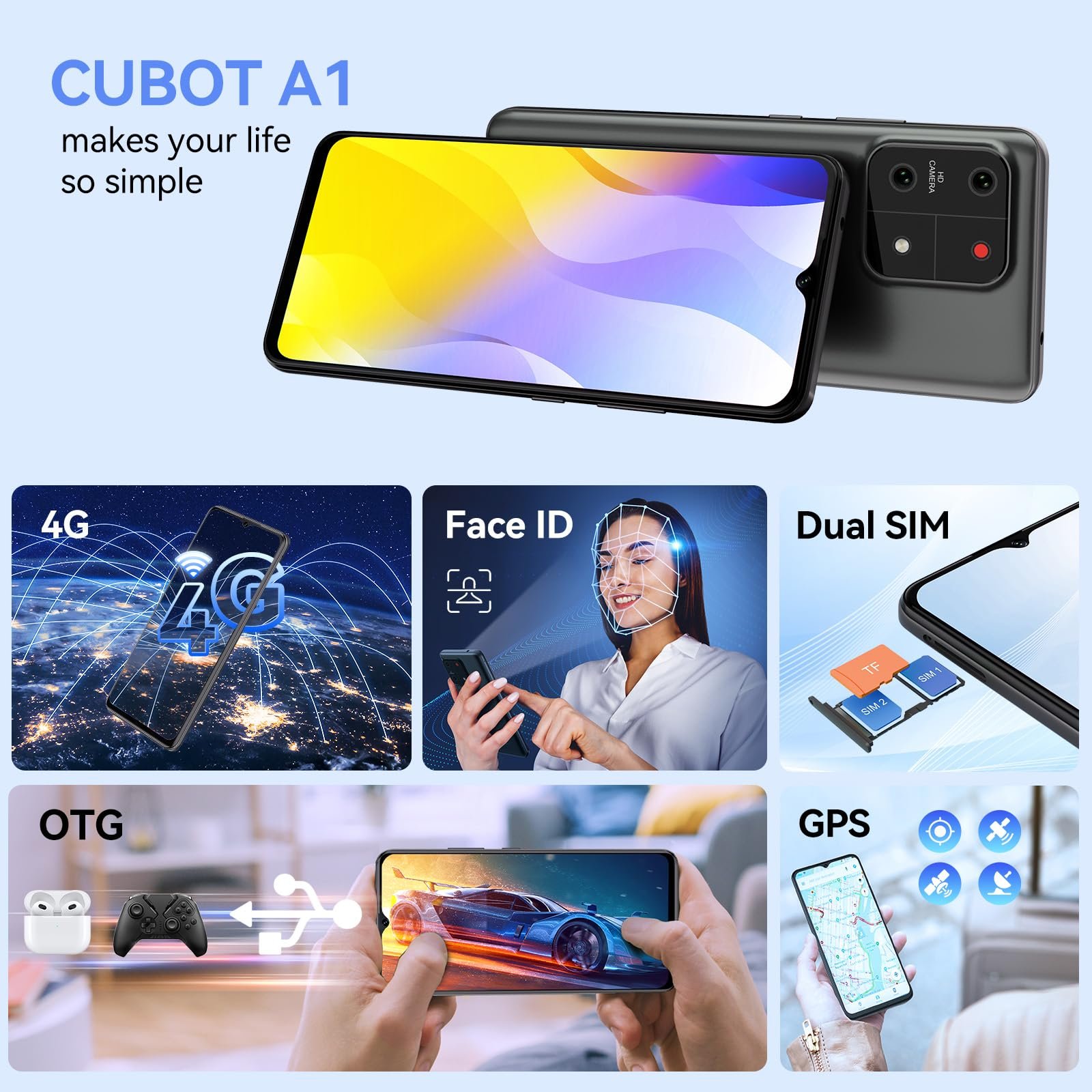 Смартфон CUBOT A1 8GB (4GB + 4GB) RAM 128GB ROM 6.56 дюймів 13MP 5100mAh Android 13 4G Dual SIM Octa Core GPS Face ID Black, фото №7 Смартфон CUBOT A1 8GB (4GB + 4GB) RAM 128GB ROM 6.56 дюймів 13MP 5100mAh Android 13 4G Dual SIM Octa Core GPS Face ID Black, фото №7