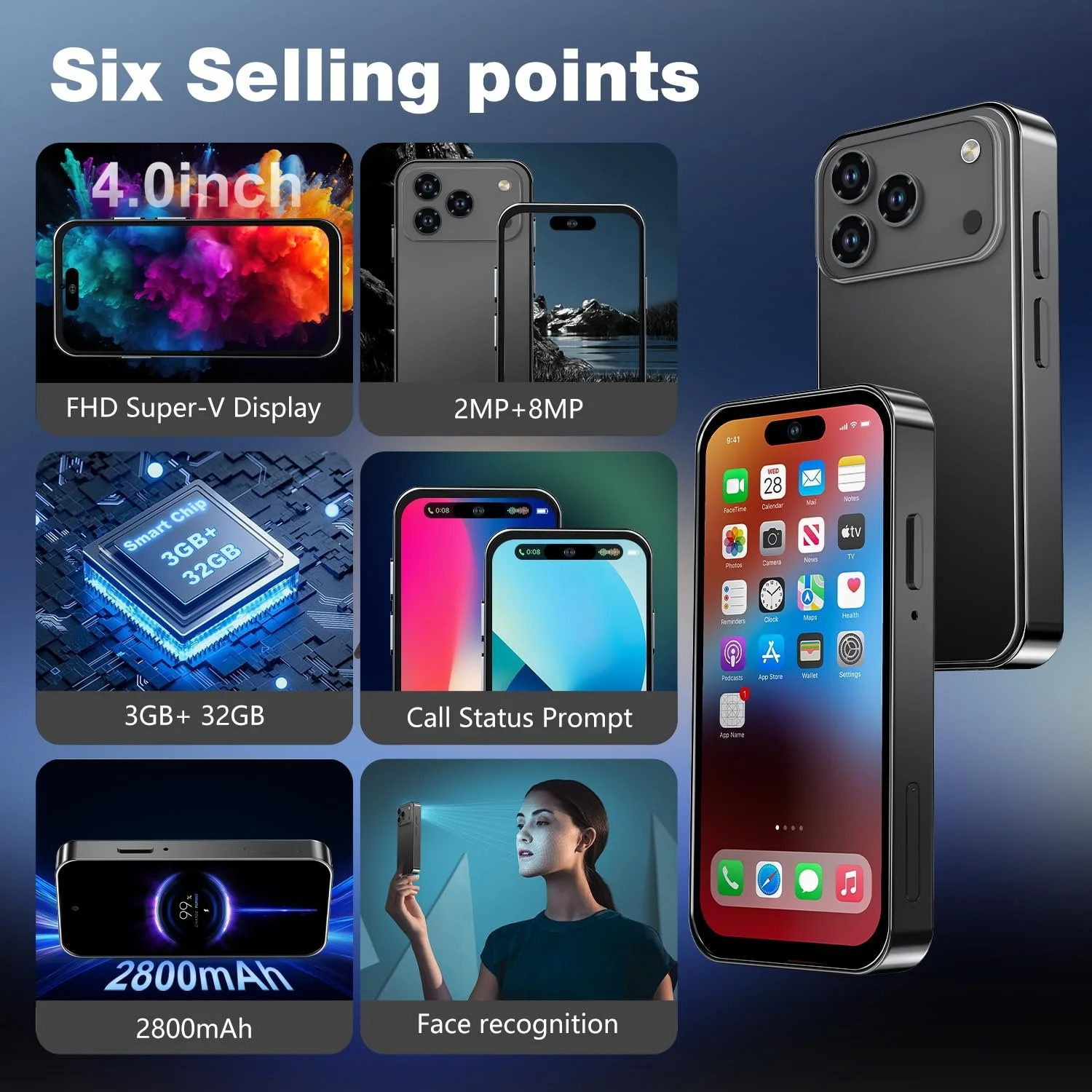 Міні-смартфон 4.0 дюйма HD 3GB+32GB 4G Dual SIM Black, фото №2