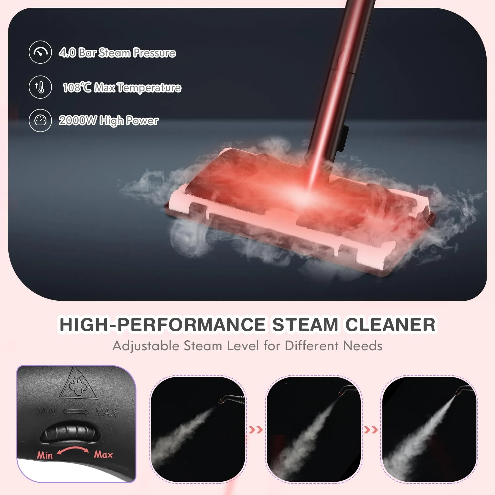 Пароочиститель SOARS 2000 Вт 4 бар 1.5 л с 19 аксессуарами Красный, фото №4 Пароочиститель SOARS 2000 Вт 4 бар 1.5 л с 19 аксессуарами Красный, фото №4