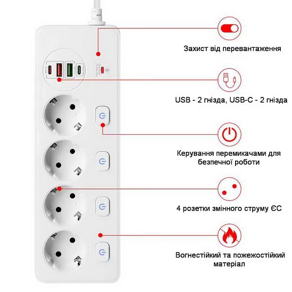 Мережевий фільтр живлення BKL 504 подовжувач 2м на 4 роз'єми 2USB 2Type-C Port, фото №4