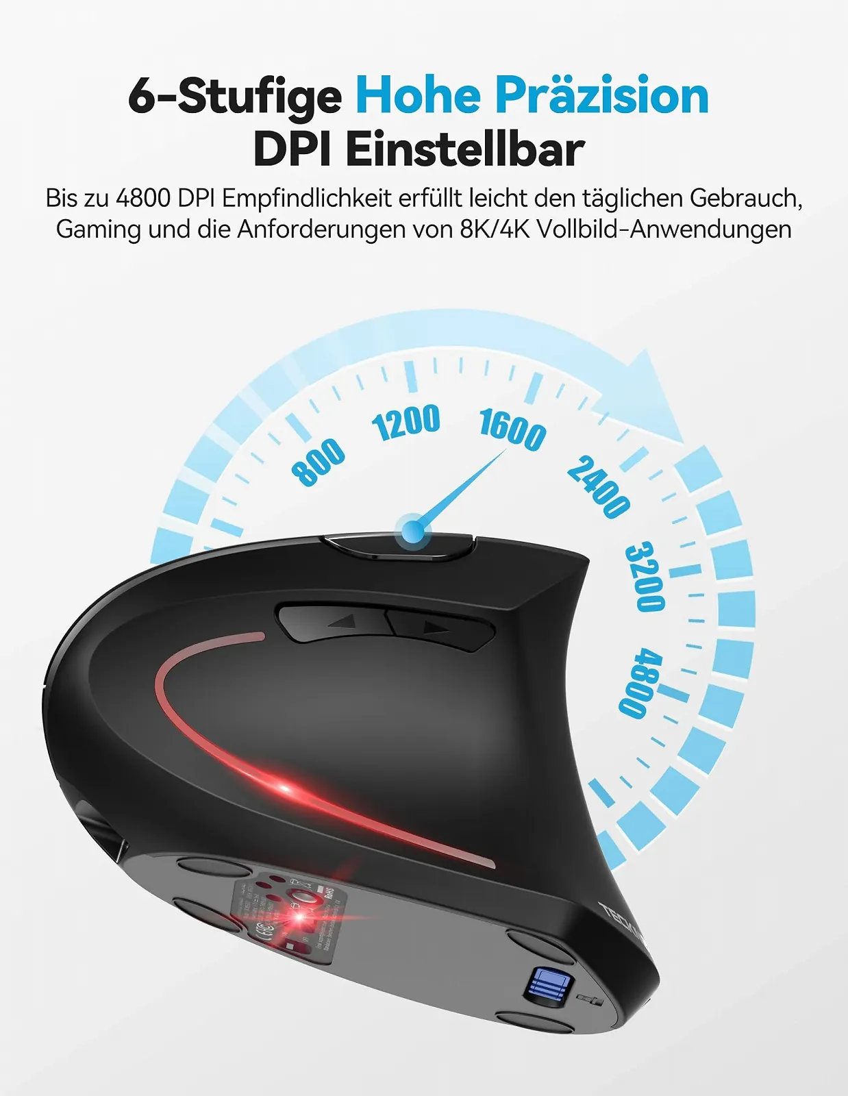 Мышь TECKNET Эргономичная Bluetooth, Беспроводная вертикальная аккумуляторная (BT 5.0/3.0 + 2.4G), 6 уровней регулировки до 4800 DPI, Оптическая тихая беспроводная мышь с приемником USB-A, фото №5