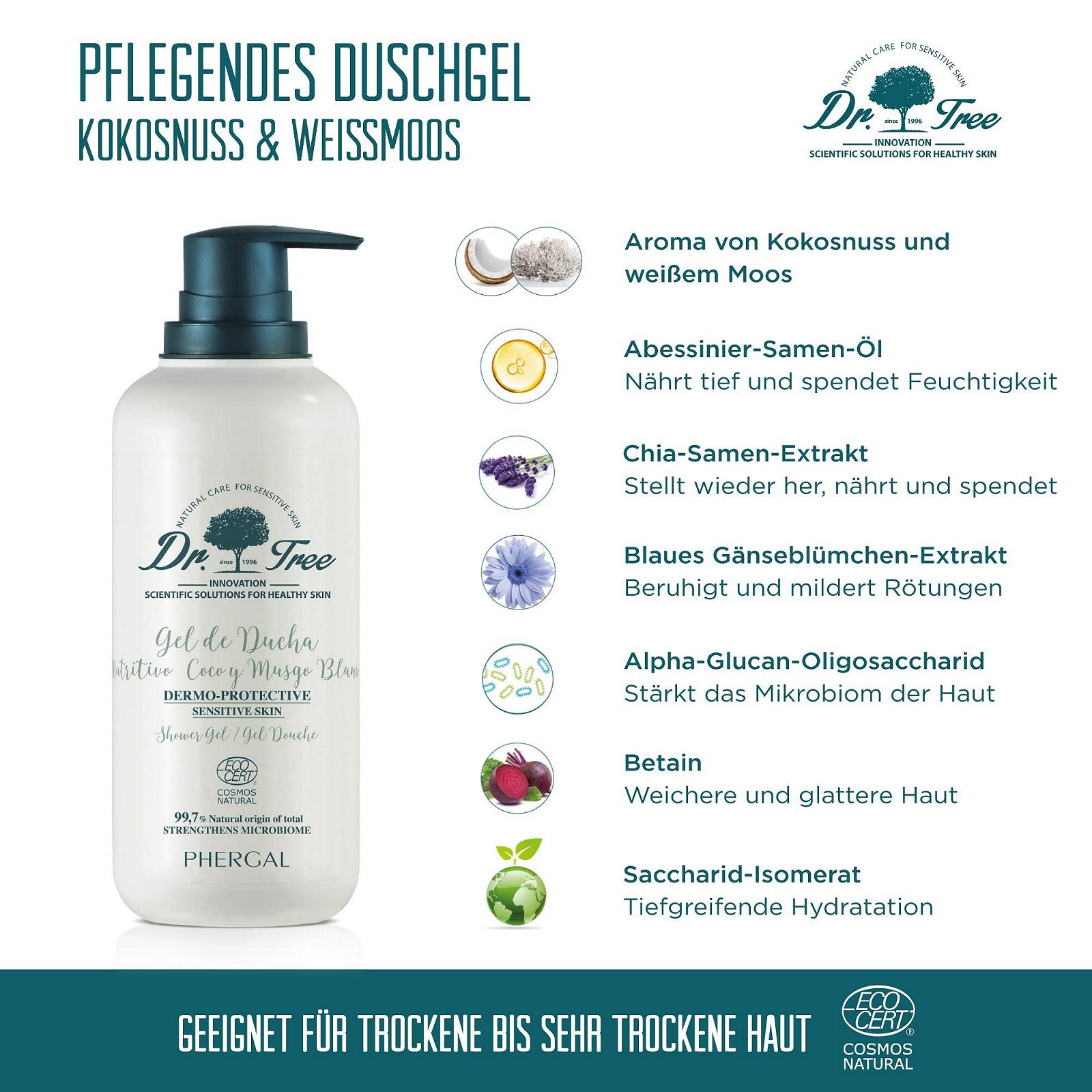 Гель для душу Dr. Tree Skin-nourishing and protective Кокос та білий мускус 500 мл, фото №3 Гель для душу Dr. Tree Skin-nourishing and protective Кокос та білий мускус 500 мл, фото №3