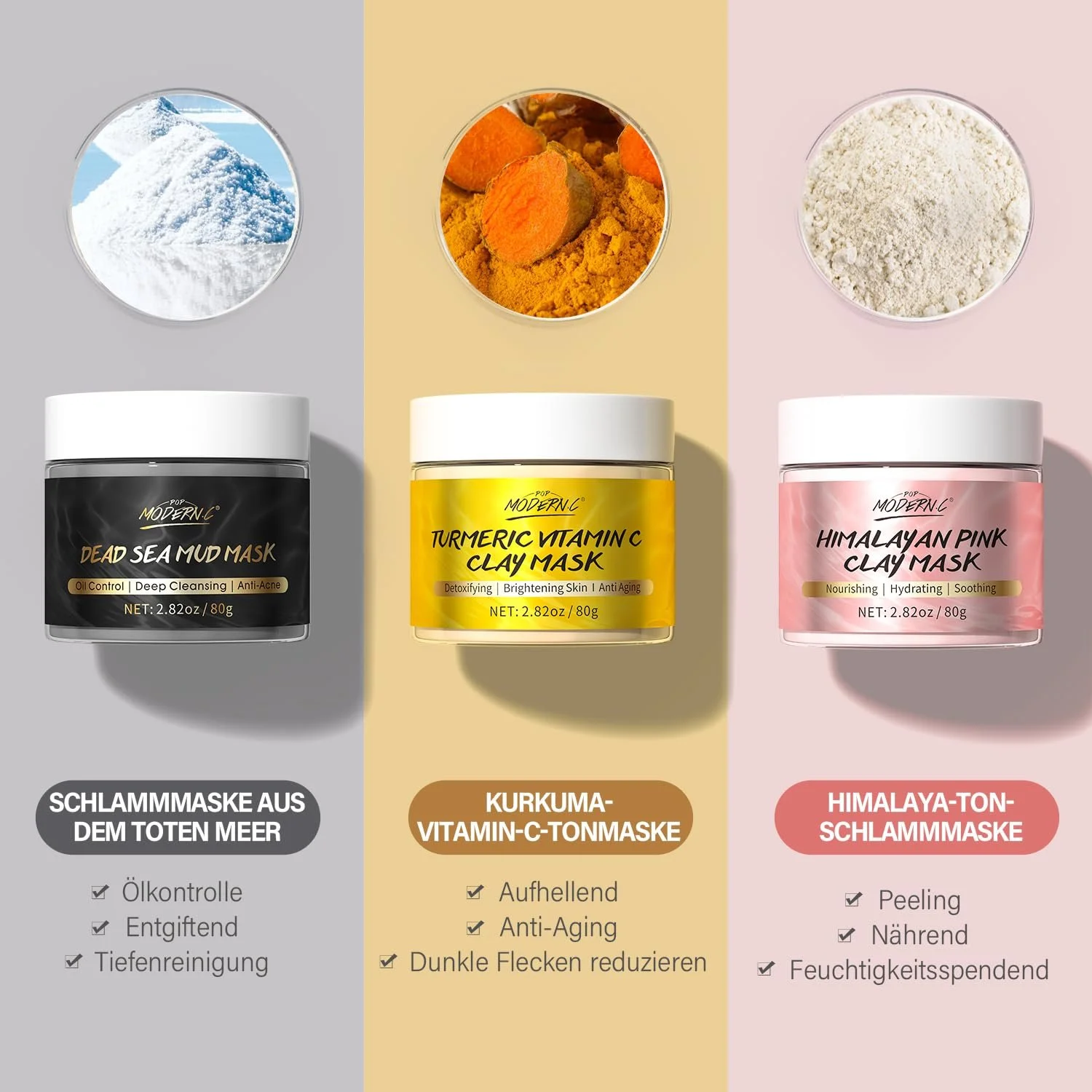 Набор глиняных масок для лица Turmeric Vitamin C, маска из грязи Мертвого моря, гималайская глиняная маска для лица для уменьшения черных точек, акне, глубокого очищения, маска для лица для контроля жирности, 240 г, фото №2