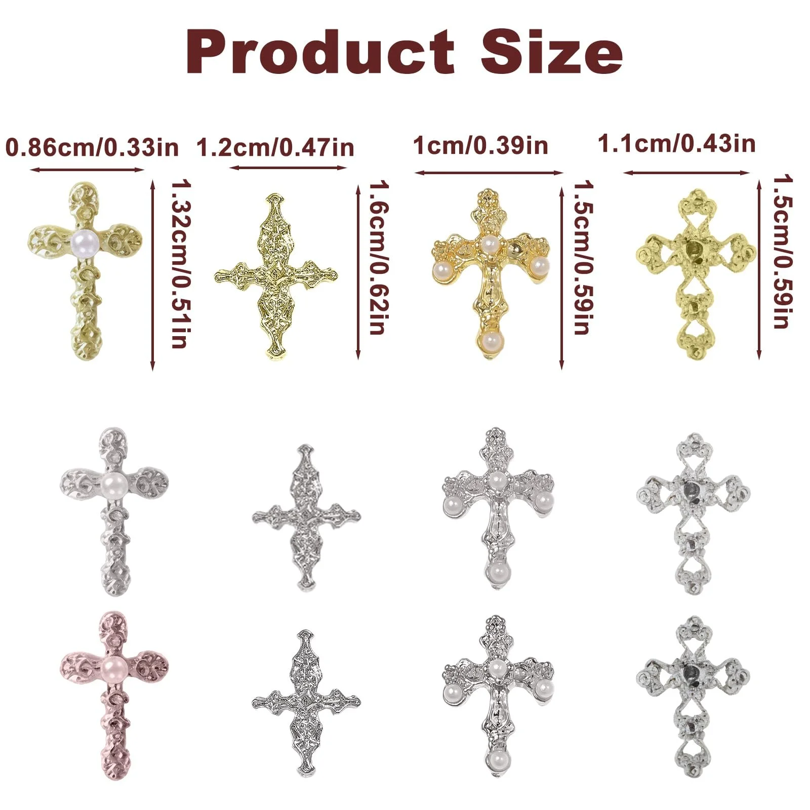 3D Подвески для ногтей Крестики 120 шт., 12 отделений, металлические украшения для ногтей золото серебро черный, DIY аксессуары для профессионального маникюра для гель-лака, фото №2