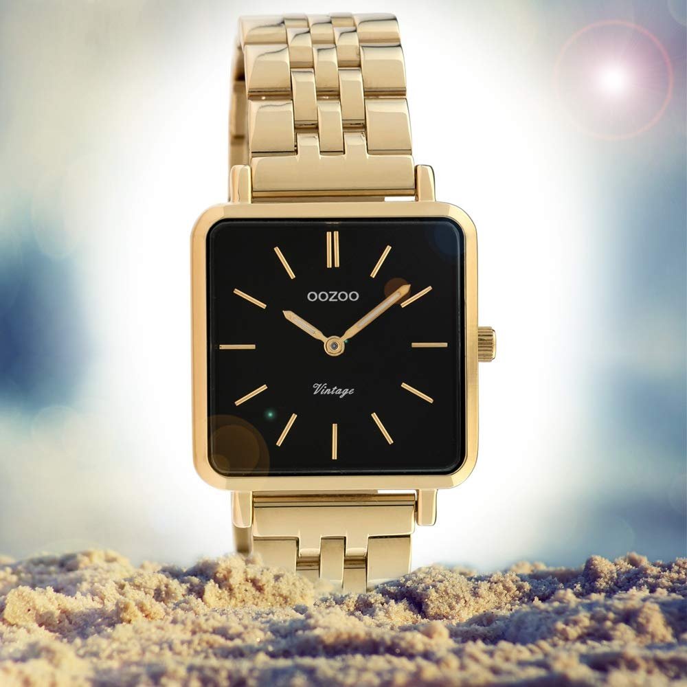 Женские часы Oozoo Vintage Квадратные Плоские 28 мм C9957 Золотой-черный, золотой, Браслет, фото №4
