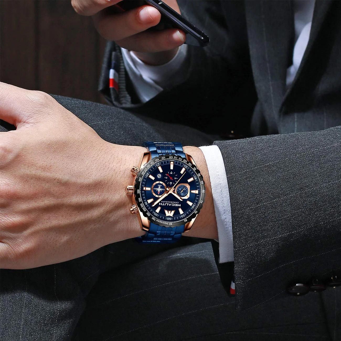 Годинник MEGALITH Чоловічий з нержавіючої сталі Хронограф Великий з датою, фото №3