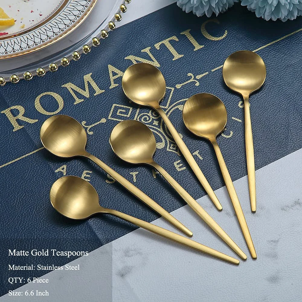 Ложка чайна HOMQUEN Matte Gold, 6 шт, 6.6 дюйми, нержавіюча сталь, матове золото, фото №2