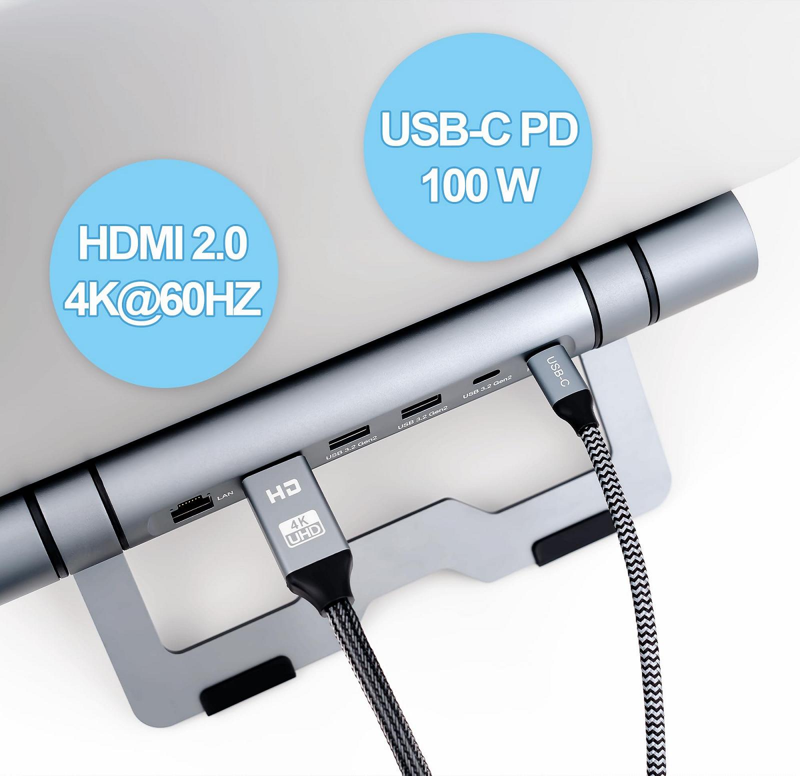 Підставка для ноутбука Reagle Регульована Складна MacBook HUB HDMI Живлення 100 Вт LAN USB-C Алюміній 10 Гбіт/с Plug and Play (Сріблястий), фото №2