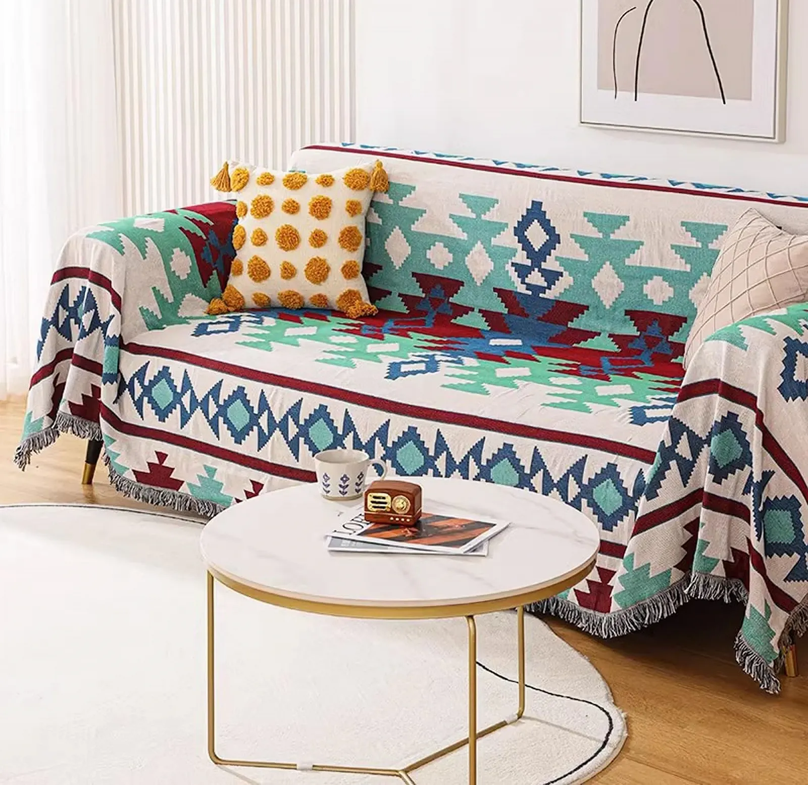 Покривало в стилі бохо з бахромою двостороннє для дивану в етнічному стилі, фото №4 Покривало в стилі бохо з бахромою двостороннє для дивану в етнічному стилі, фото №4