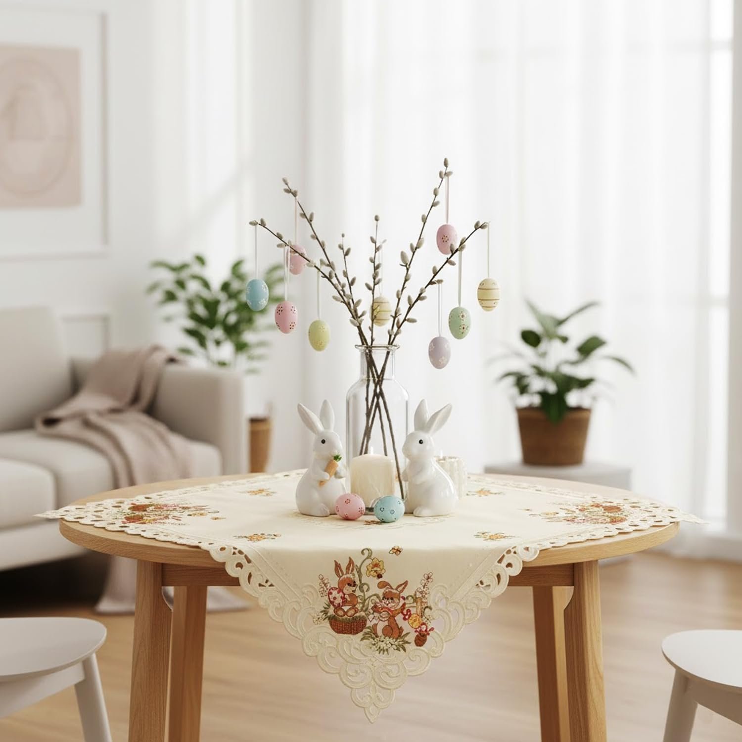 Скатертина Easter Bunny Easter Eggs Embroidery 85 x 85 см Ecru Cream Linen Look Polyester, фото №2