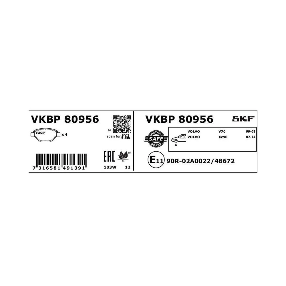 Комплект гальмівних колодок SKF VKBP 80956 для VOLVO передня вісь, фото №1