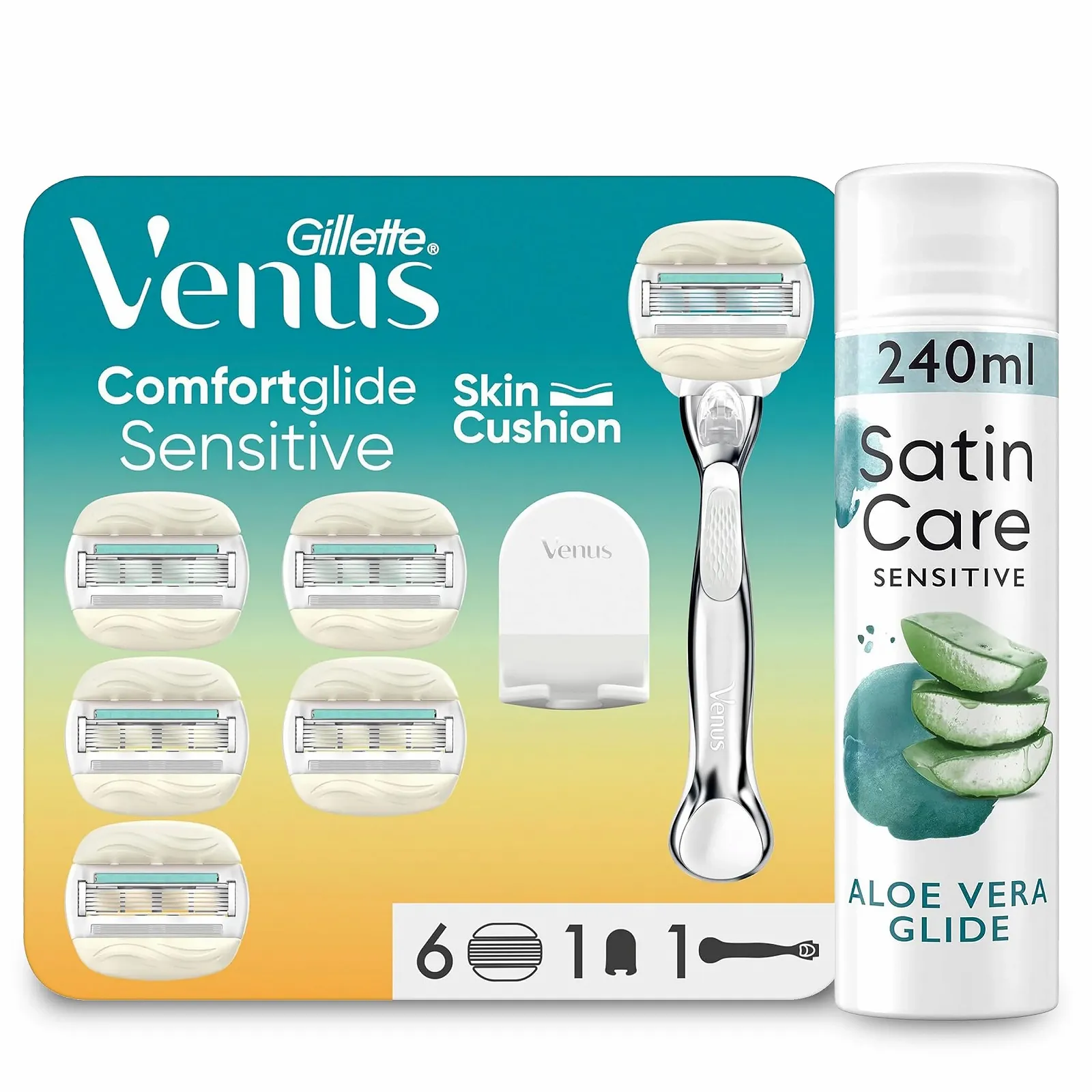 Набор для бритья женский Gillette Venus ComfortGlide 5 Sensitive, станок + 6 лезвий + гель Satin Care (240 мл) + держатель для душа, фото №1