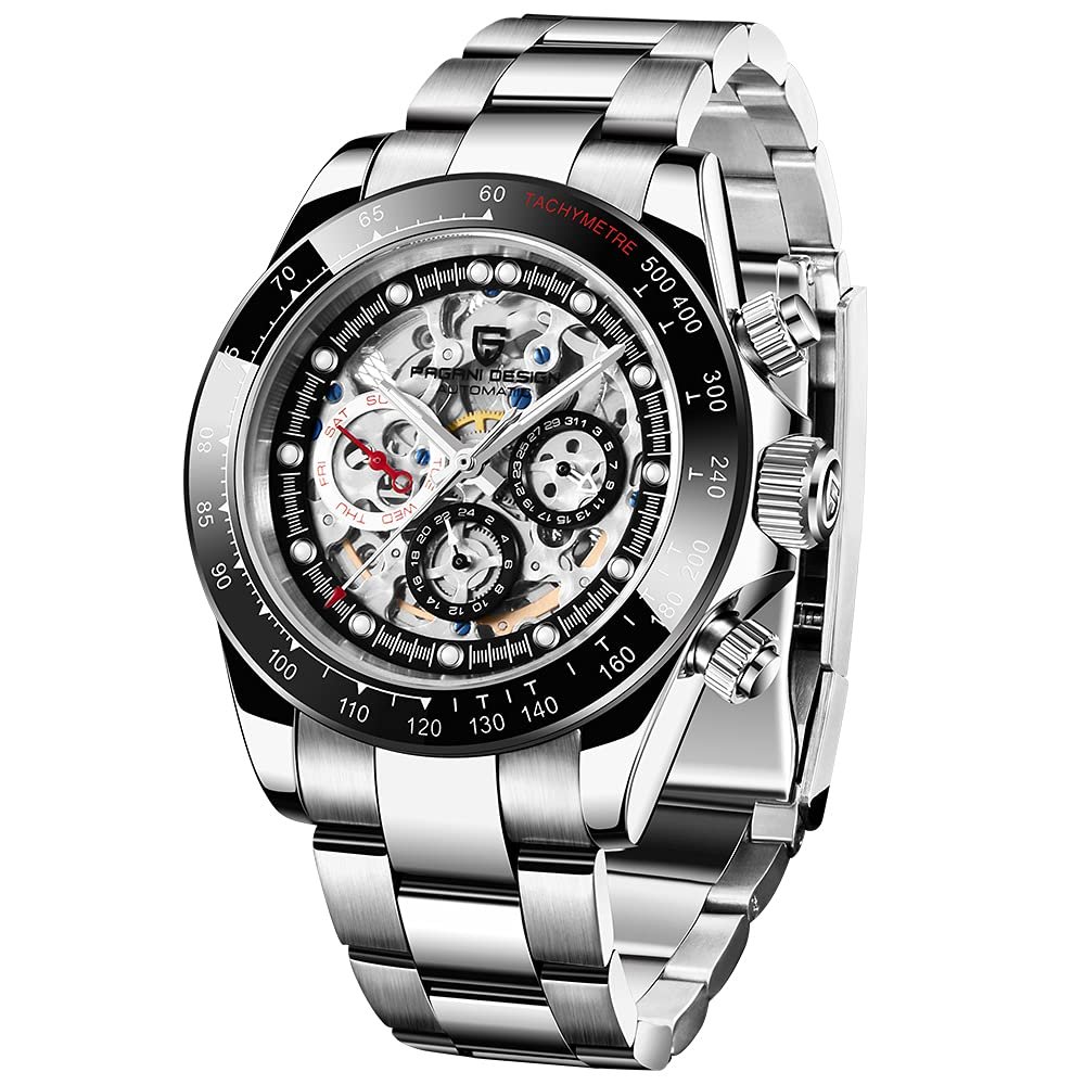 Pagani Design Автоматичний чоловічий годинник Jewel Rainbow Bezel Skeleton Dial з нержавіючої сталі, водонепроникний до 100 м, люмінесцентний багатофункціональний спортивний годинник-хронограф, фото №1