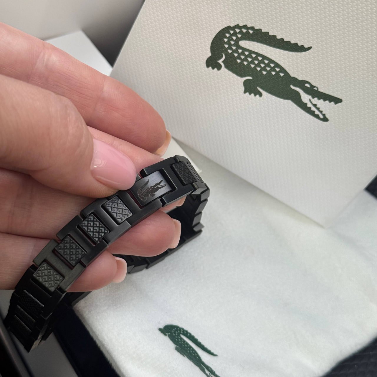Чоловічий браслет на руку Lacoste чорний брендовий з нержавіючої сталі в подарунковому упакуванні, фото №7