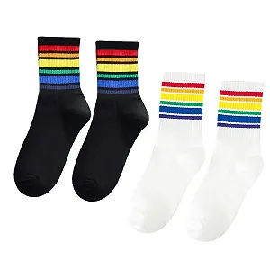 Носки Rainbow Pride, 2 пары, спортивные носки CSD, ЛГБТК аксессуары унисекс, подарки Rainbow, Gay Pride, белые, для мужчин и женщин - Фото 1