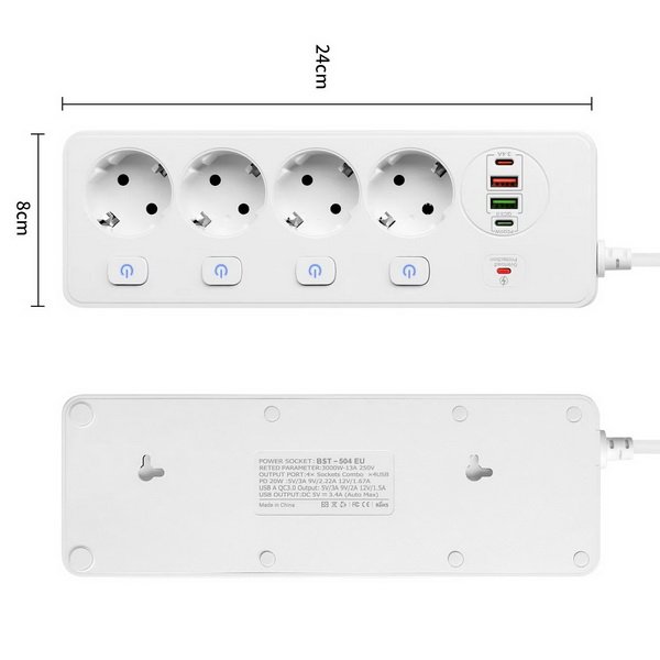 Мережевий фільтр живлення BKL 504 подовжувач 2м на 4 роз'єми 2USB 2Type-C Port, фото №3