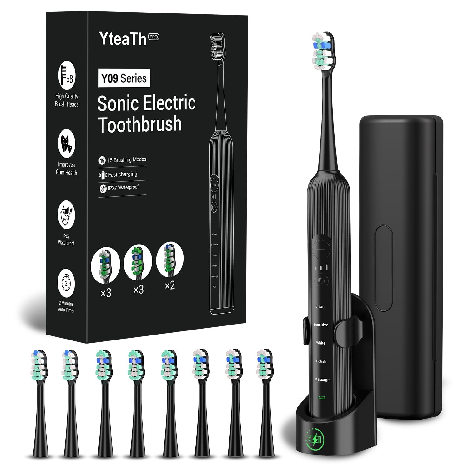 Електрична Зубна Щітка Yteath Pro, 5 Режимів, 3 Рівні Інтенсивності, Чорна, фото №1