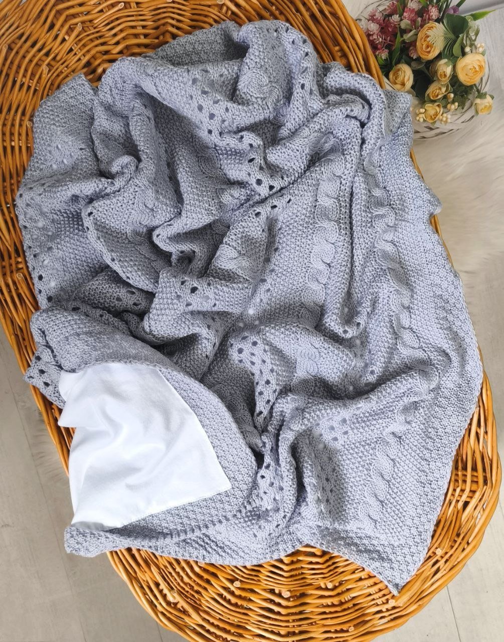 Детский вязаный плед с хлопковой подкладкой, 90 × 90 см, серый, фото №1