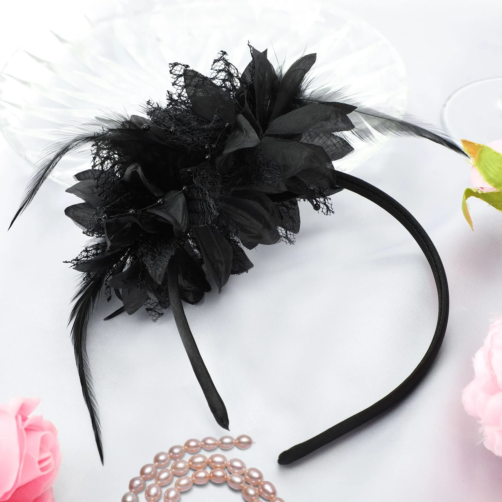 Обруч на голову з пір'ям і штучними квітами MWOOT, фото №7