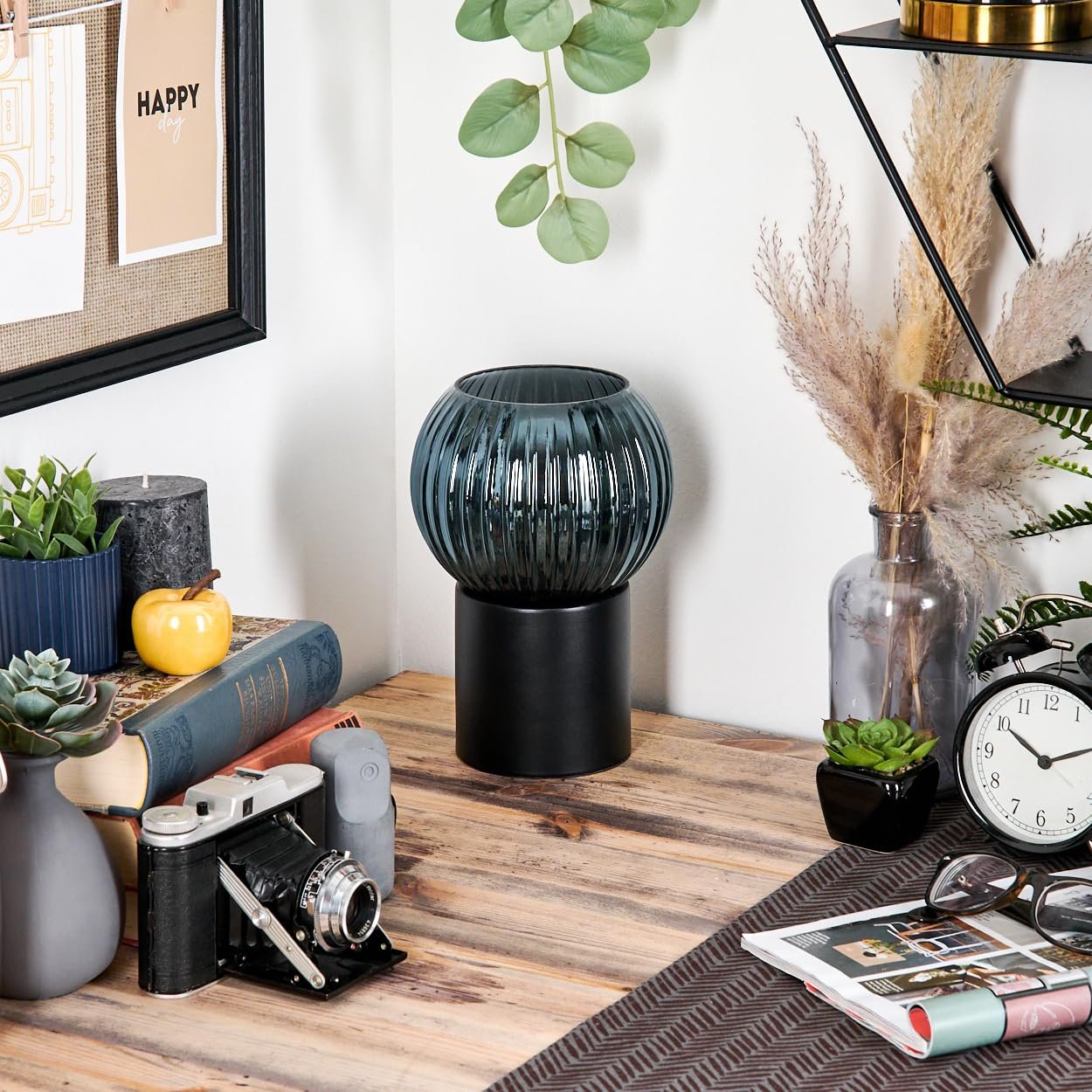 Настільна лампа HOFSTEIN Koyoto метал / рифлене скло 15 см E27 Чорний/Синій, фото №2