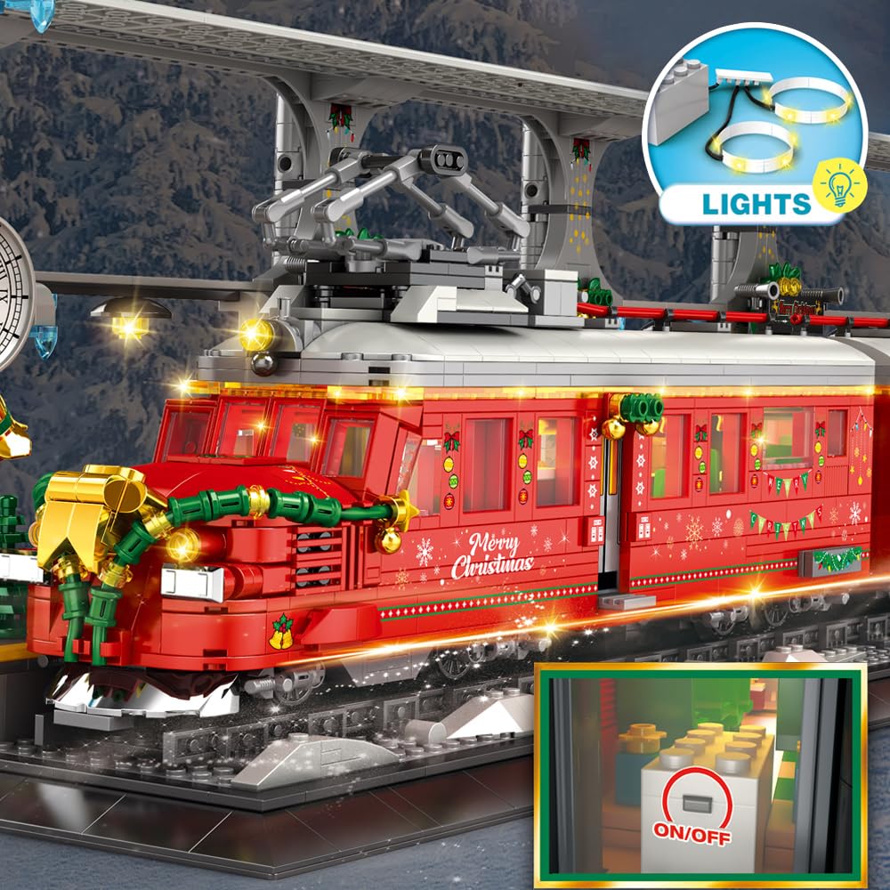 Потяг Reobrix 66034 Winter Christmas Train на 2282 частини, з освітленням, треками, затискними блоками, різдвяними прикрасами, фото №5