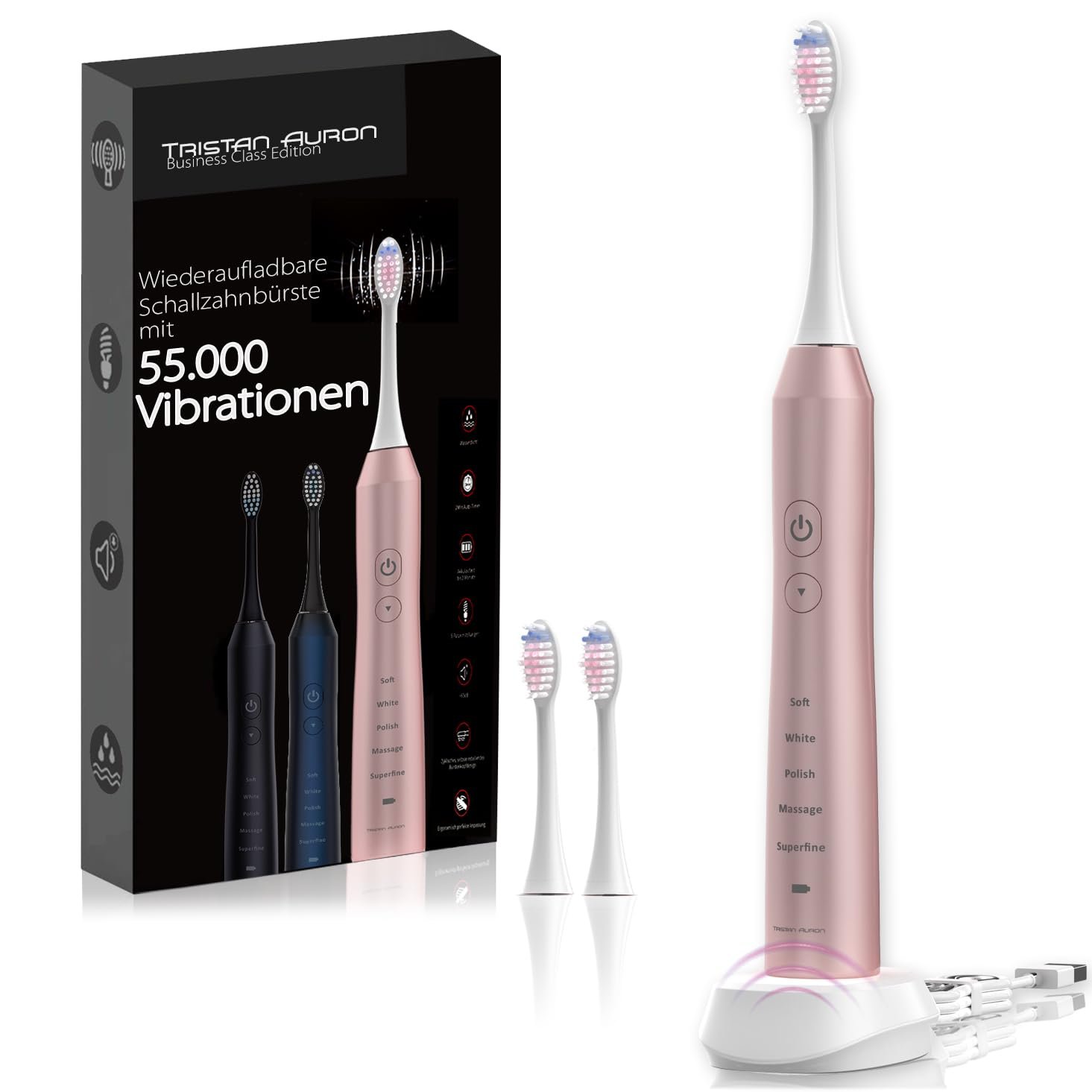 Електрична звукова зубна щітка Tristan Auron 55 000 VPM IPX7 Pink, фото №1