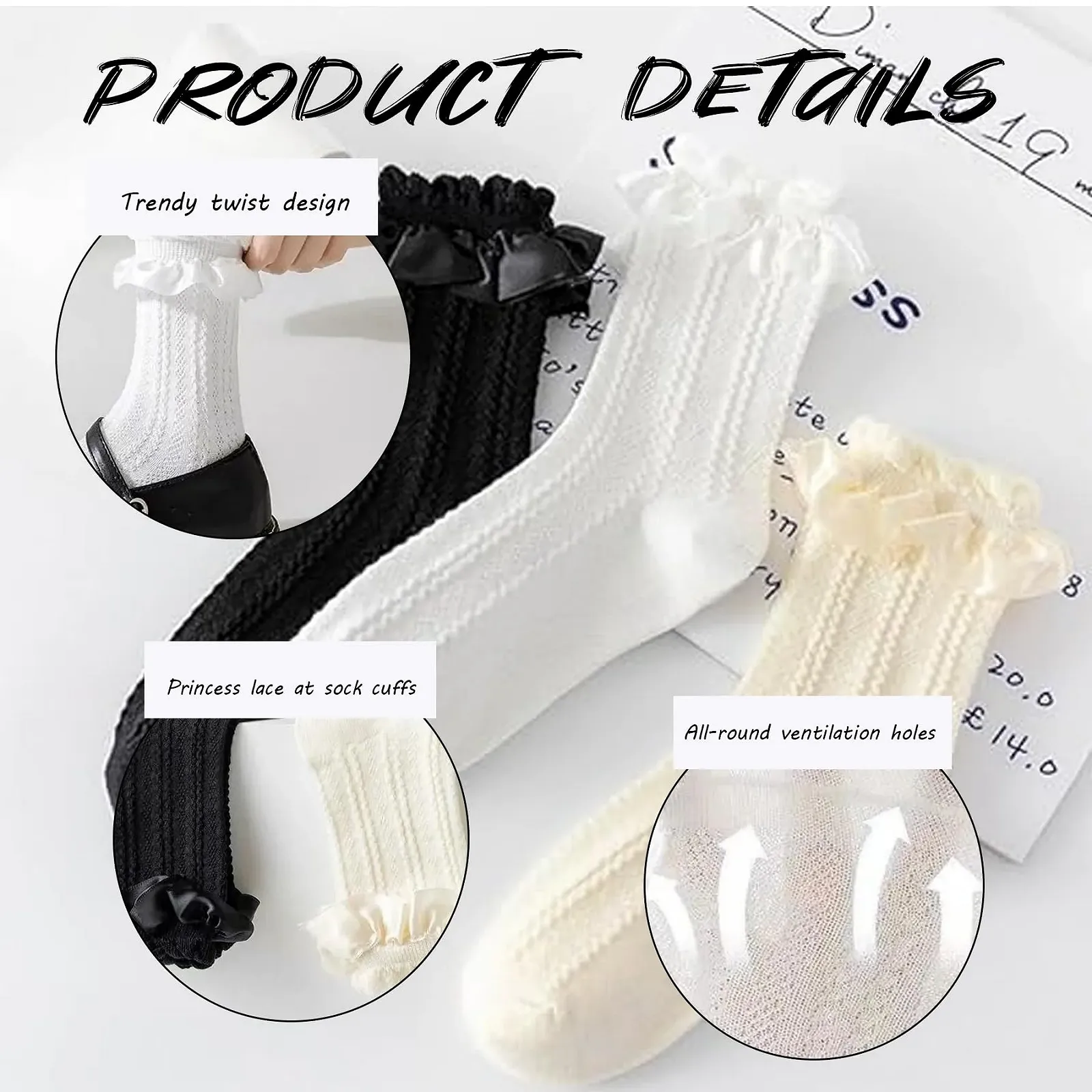 Носки с рюшами Женские носки с рюшами One Size Кружевные носки до щиколотки Носки с рюшами Носки для платья принцессы Вязаные носки для женщин Девочек (9 пар), фото №3