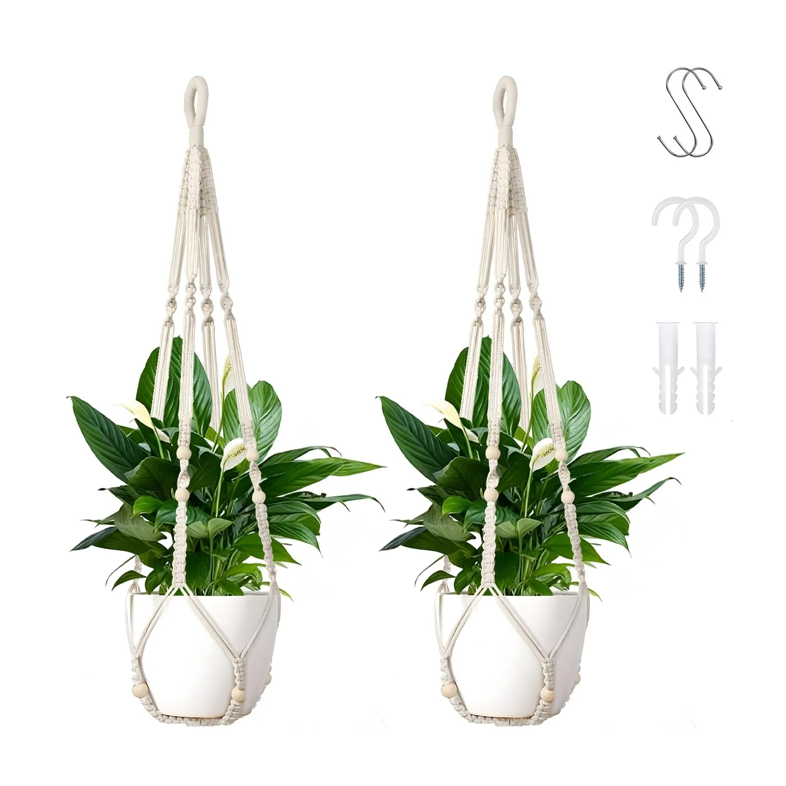 Подвесные кашпо макраме набор из 2 шт. хлопковые с крючками белые, фото №1