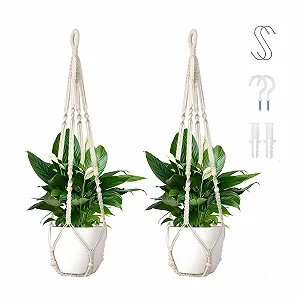 Подвесные кашпо макраме набор из 2 шт. хлопковые с крючками белые - Фото 1