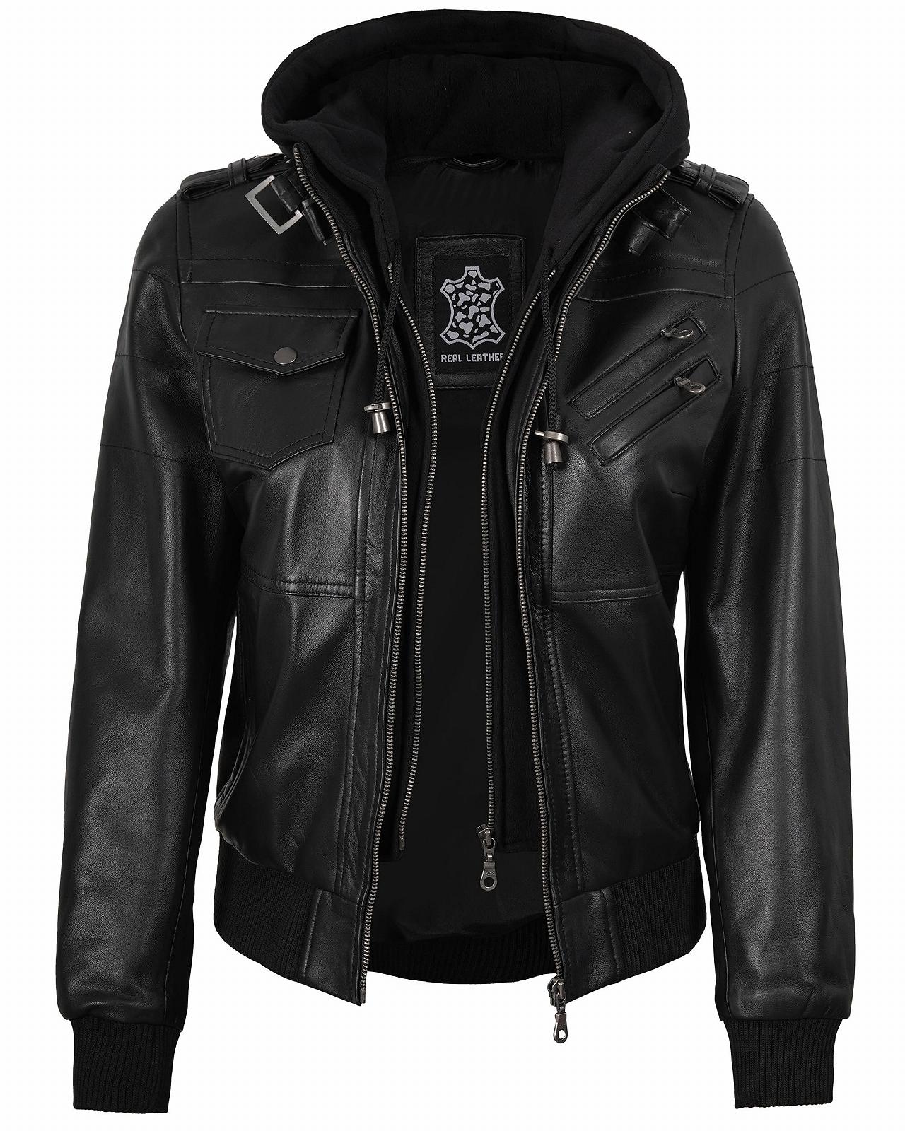 Жіноча шкіряна куртка fjackets зі знімним капюшоном, фото №2