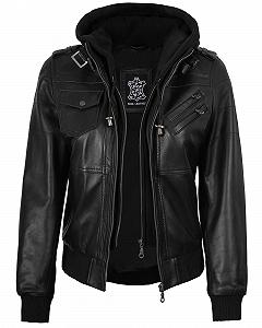 Жіноча шкіряна куртка fjackets зі знімним капюшоном synthetic.ua - Фото 1