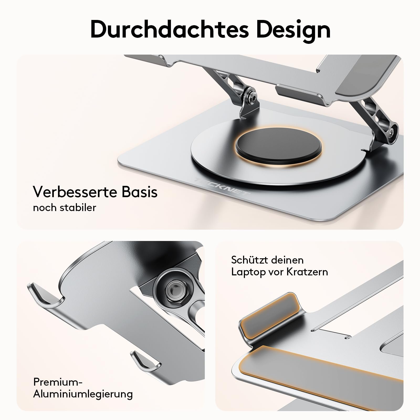 Підставка для ноутбука TECKNET 360 Регульована по висоті металева з подвійною підтримкою, ергономічна для столу, сумісна з MacBook Air/Pro, Dell до 17,3 дюймів, Сріблястий, фото №6