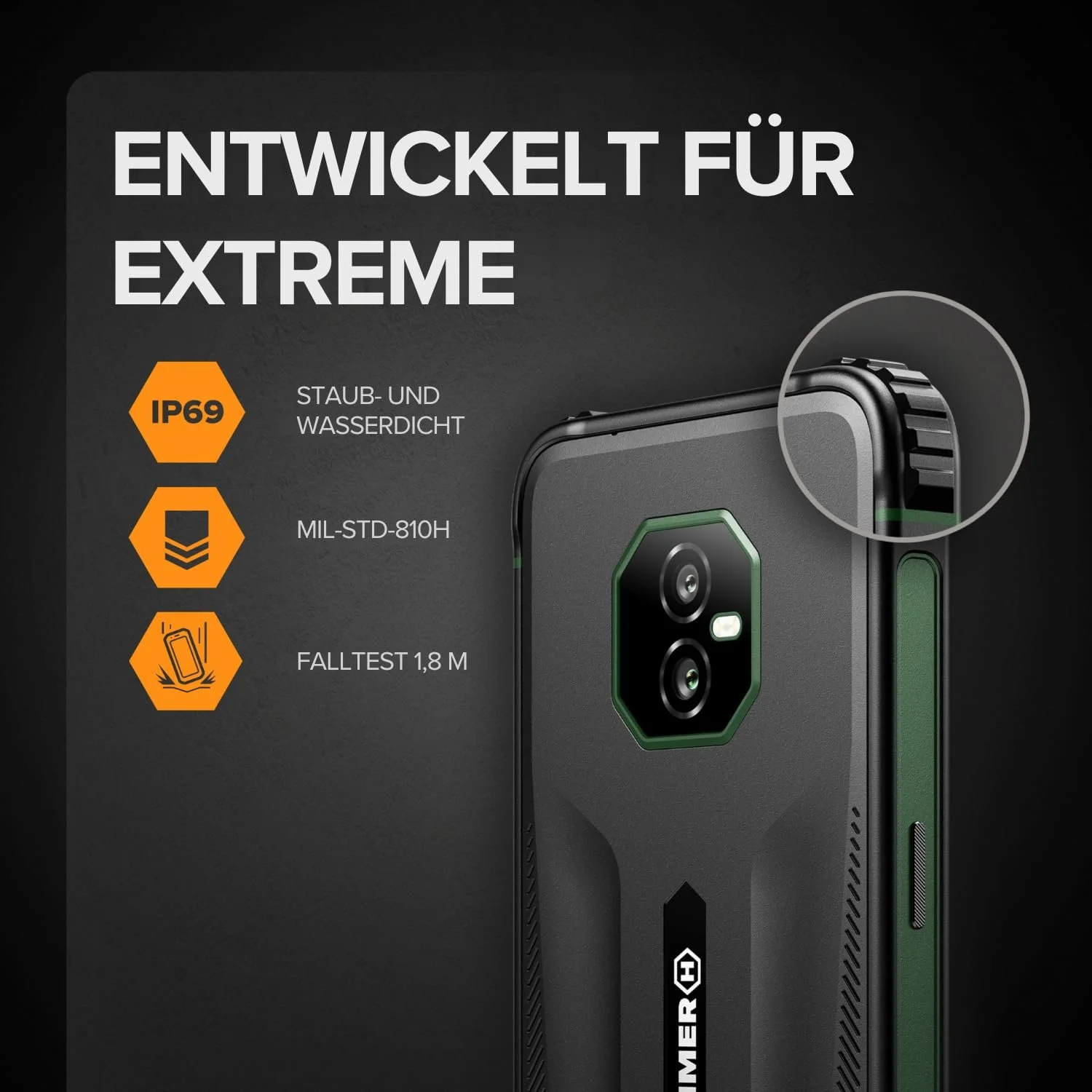 Захищений мобільний телефон Hammer Ranger 4G 6+8GB/128GB 6 дюймів IP69 5000mAh Dual SIM eSIM NFC Чорний, фото №2
