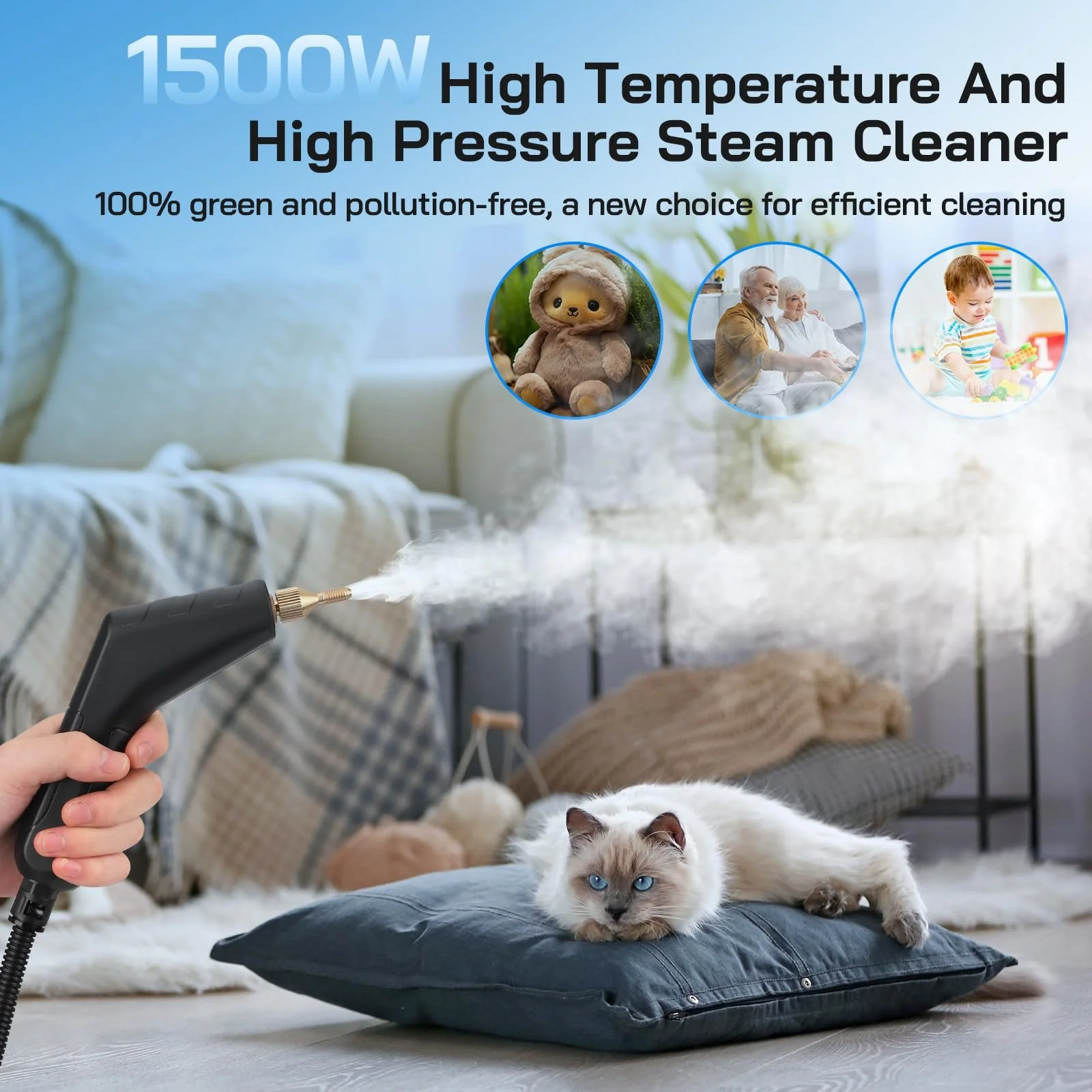 Пароочисник ручний 1500 Вт 1200 мл 3.0 бар з 7 аксесуарами, фото №5