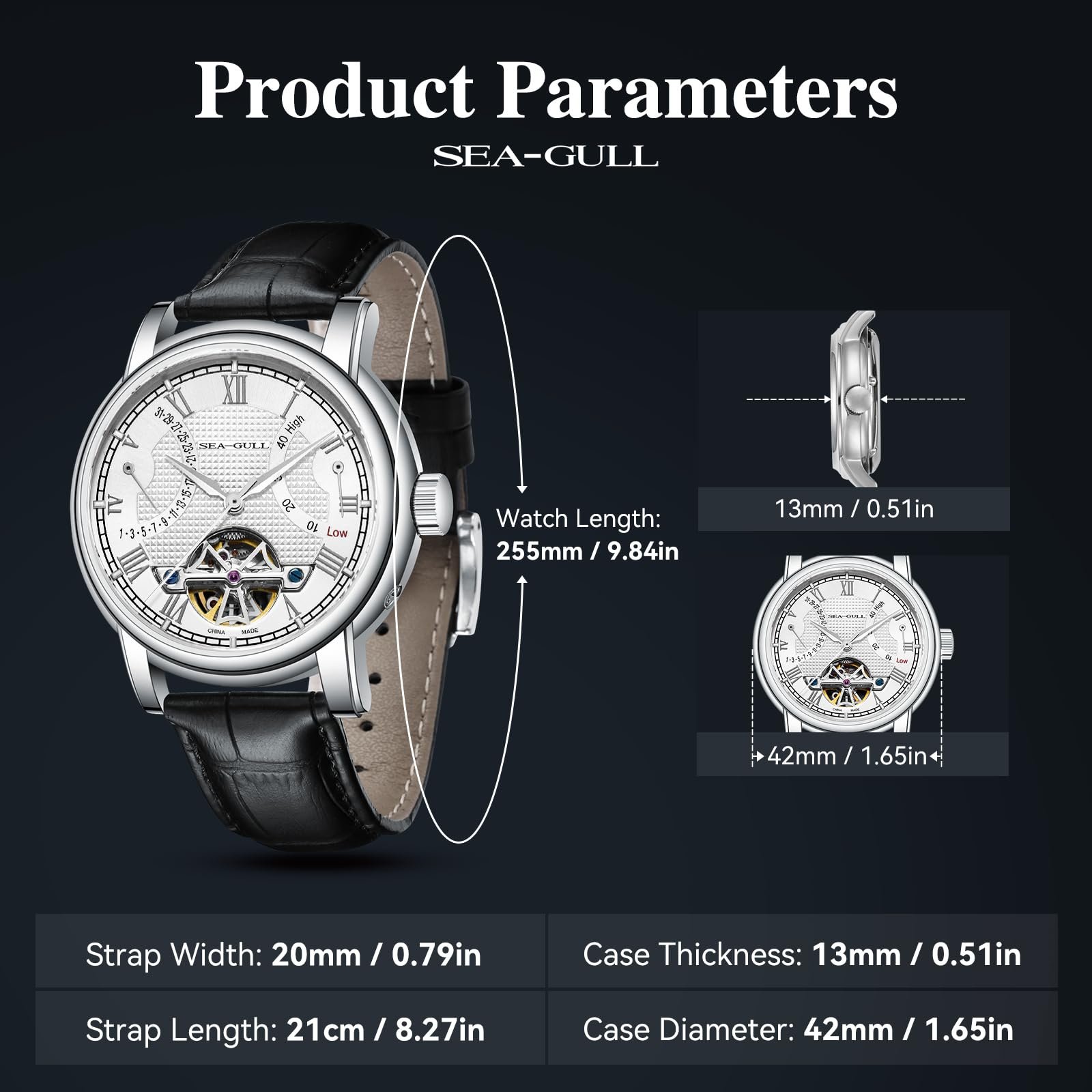 SEA-GULL 2021 Чоловічий годинник Seagull Hollow Automatic Mechanical Watch Calendar Potential Multifunctional Flywheel Business Watches, фото №2