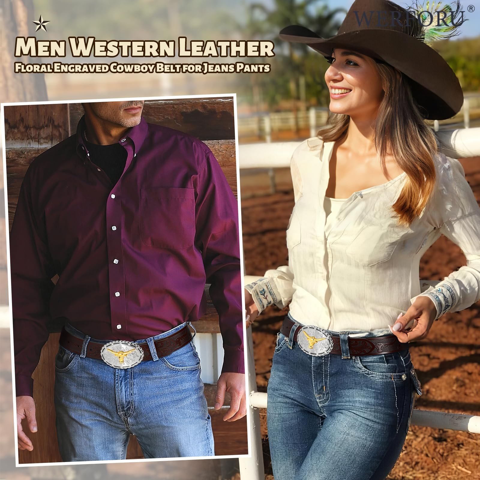Ремень WERFORU Western Cowboy Cowgirl для мужчин и женщин, кожаный ремень с тиснением, ковбойская пряжка Bull для джинсов, фото №3