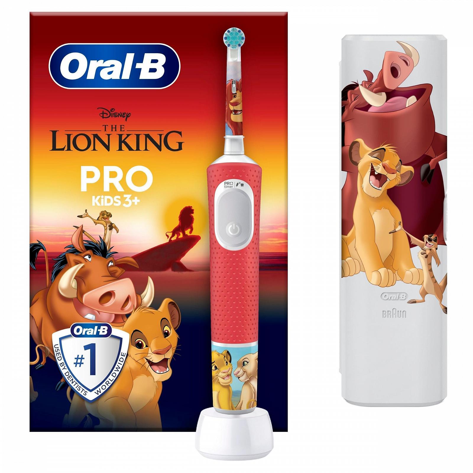 Електрична зубна щітка Oral-B Pro Kids Король Лев для дітей від 3 років, включаючи режим Sensitiv+, екстрам'яка щетина, 1 змінна щітка, 1 дорожній футляр, біло-червона, фото №1