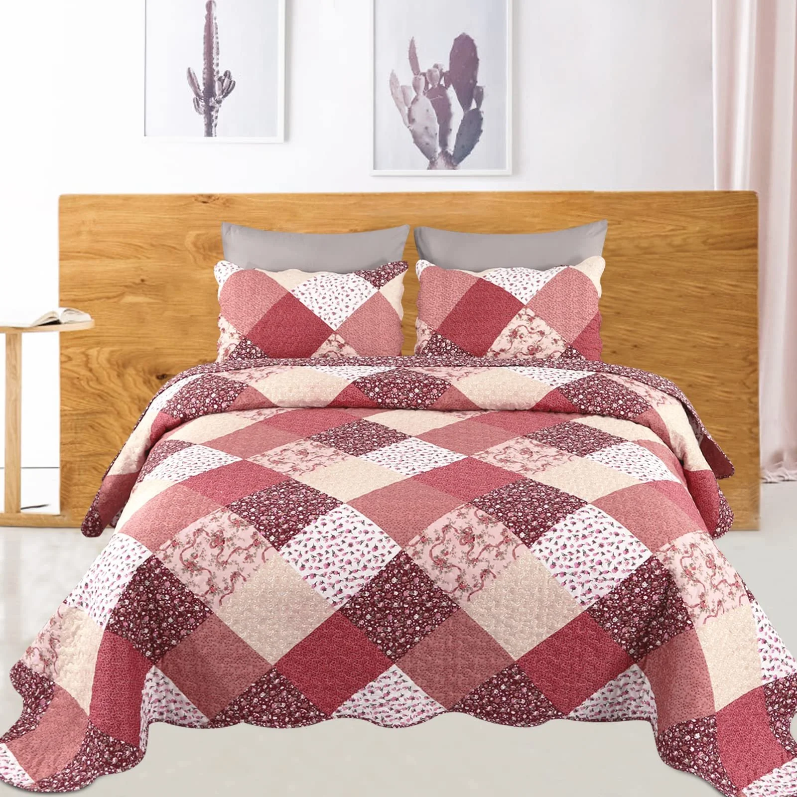 Покрывало стеганое Qucover, 220 x 240 см, лоскутное покрывало, двухсторонний дизайн, покрывало на кровать, 230 x 250 см, полиэстеровое покрывало на диван, набор из 3 предметов с наволочками, можно использовать круглый год, кирпично-красный, фото №2