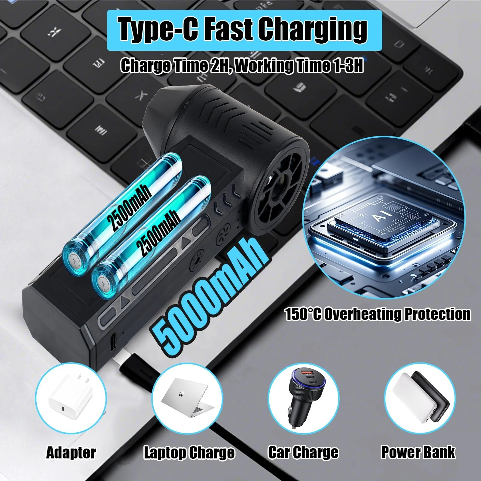 Електрична повітродувка для видалення пилу 4 швидкості 130000 RPM з ліхтариком та щіткою USB Quick Charge, фото №5 Електрична повітродувка для видалення пилу 4 швидкості 130000 RPM з ліхтариком та щіткою USB Quick Charge, фото №5