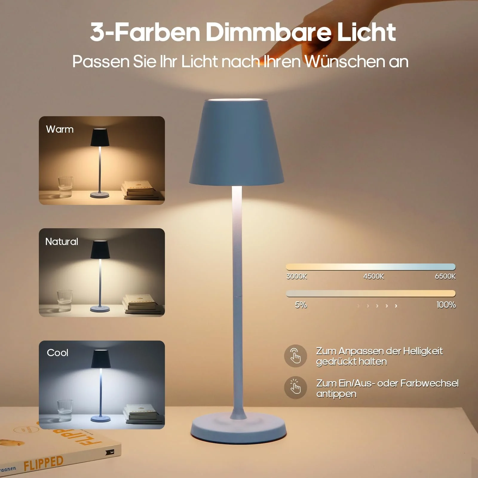 Настільна лампа 3-в-1 LED бездротова з акумулятором 5500 mAh, 3 висоти, регульована, димована, 3 кольори, металева водонепроникна сенсорна, синя [Набір із 1 шт.], фото №3