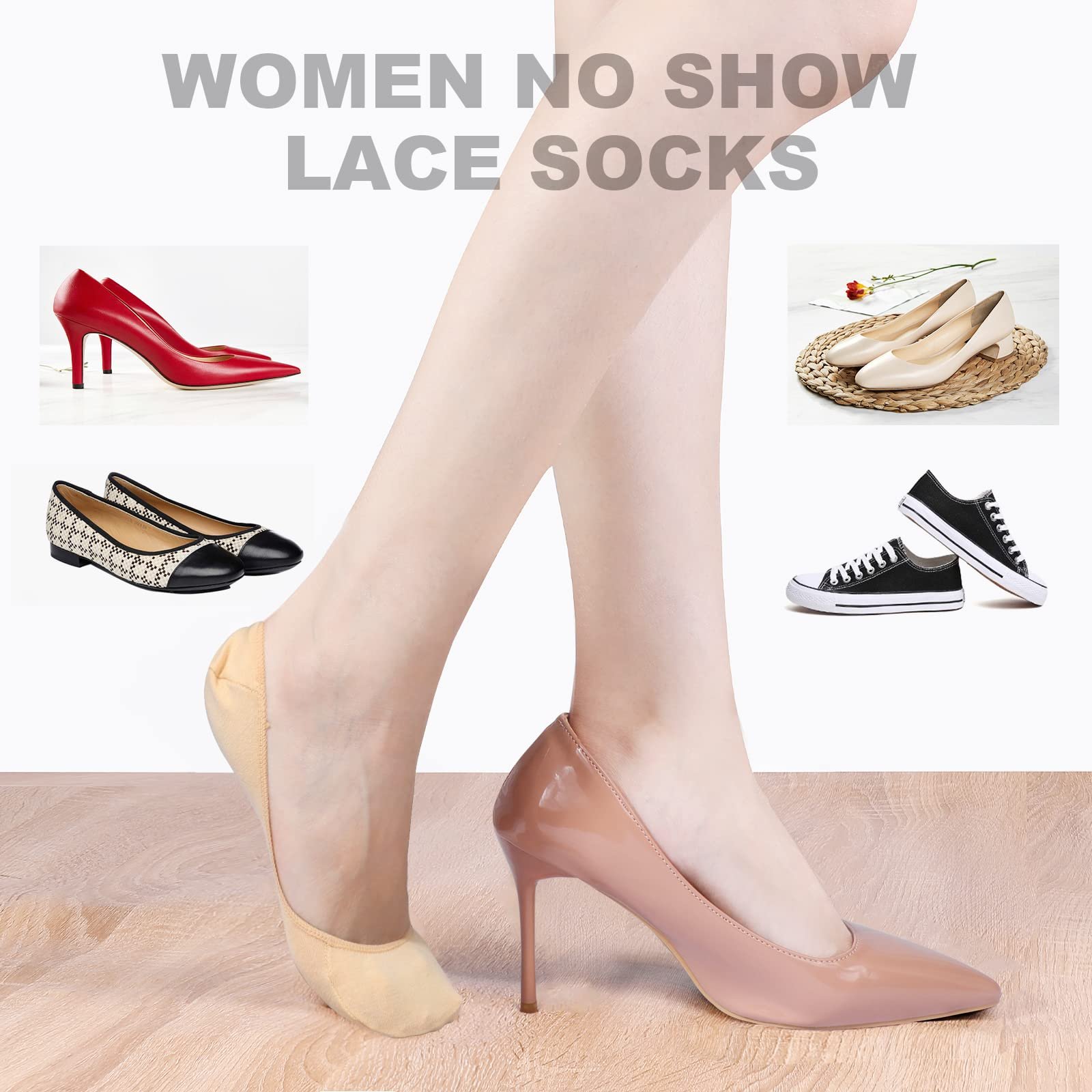 Носки Женские Невидимые для Туфель на Каблуках, Хлопковые Ультра Низкие Носки-Подкладки Невидимые, Мягкие Носки, Носки-Балетки, Носки для Кроссовок с Нескользящим Силиконом для Лоферов (6 пар), фото №5