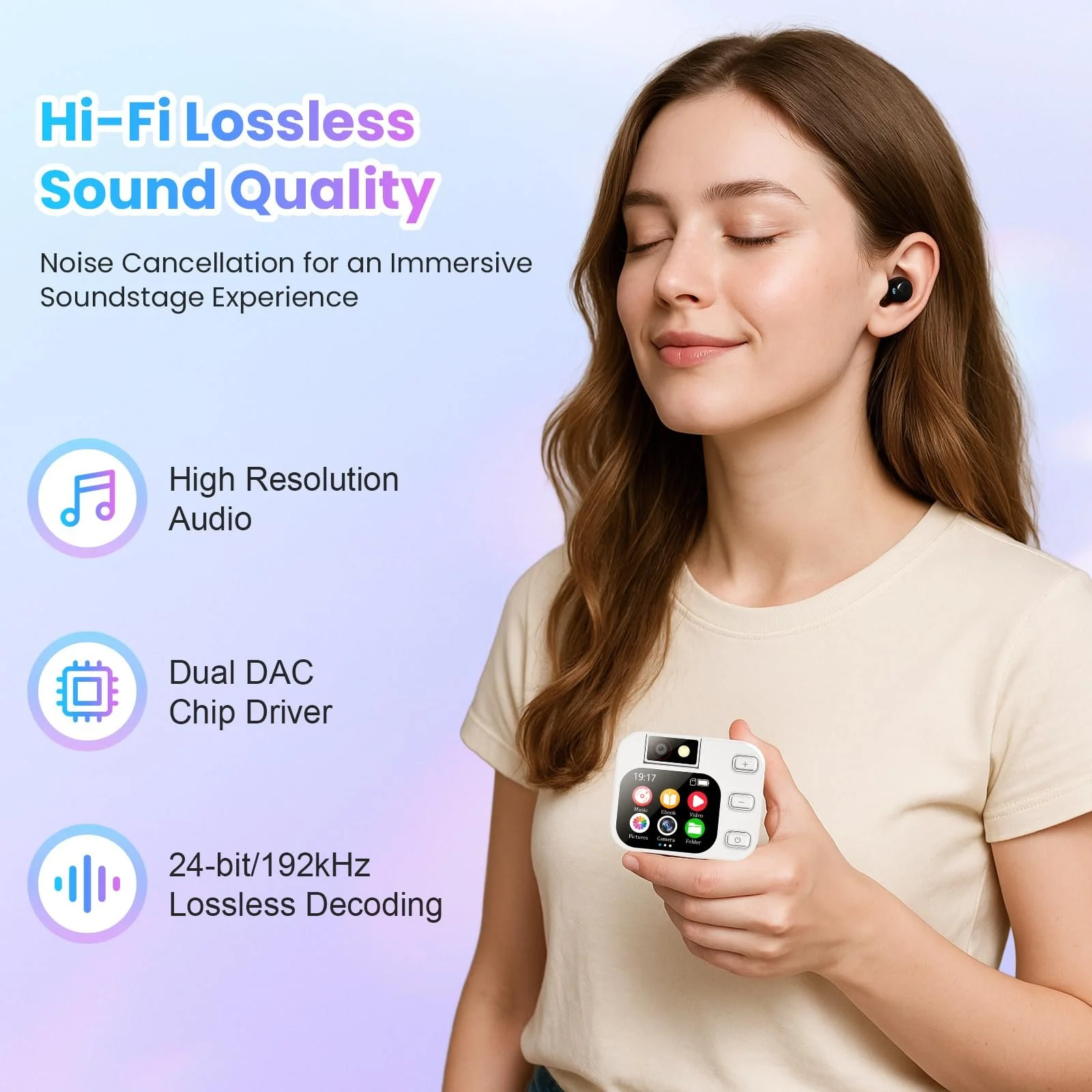 MP3 плеєр HERBYD з Bluetooth 5.4, з камерою, 2.01-дюймовим повним РК-сенсорним екраном, HiFi звуком, диктофоном, динаміком, електронною книгою, картою пам'яті на 128 ГБ, гарнітурою, фото №2